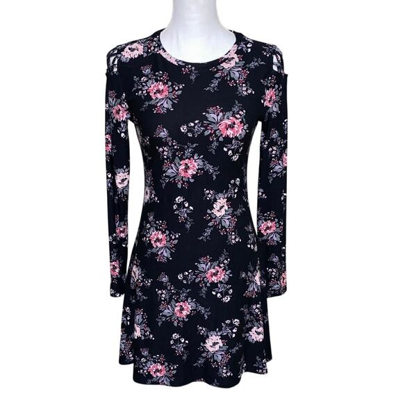 Winter Fall Dress Long Sleeve Knee Length Sz Medium Floral Witchy Stretch Ruffle - Picture 7 of 8